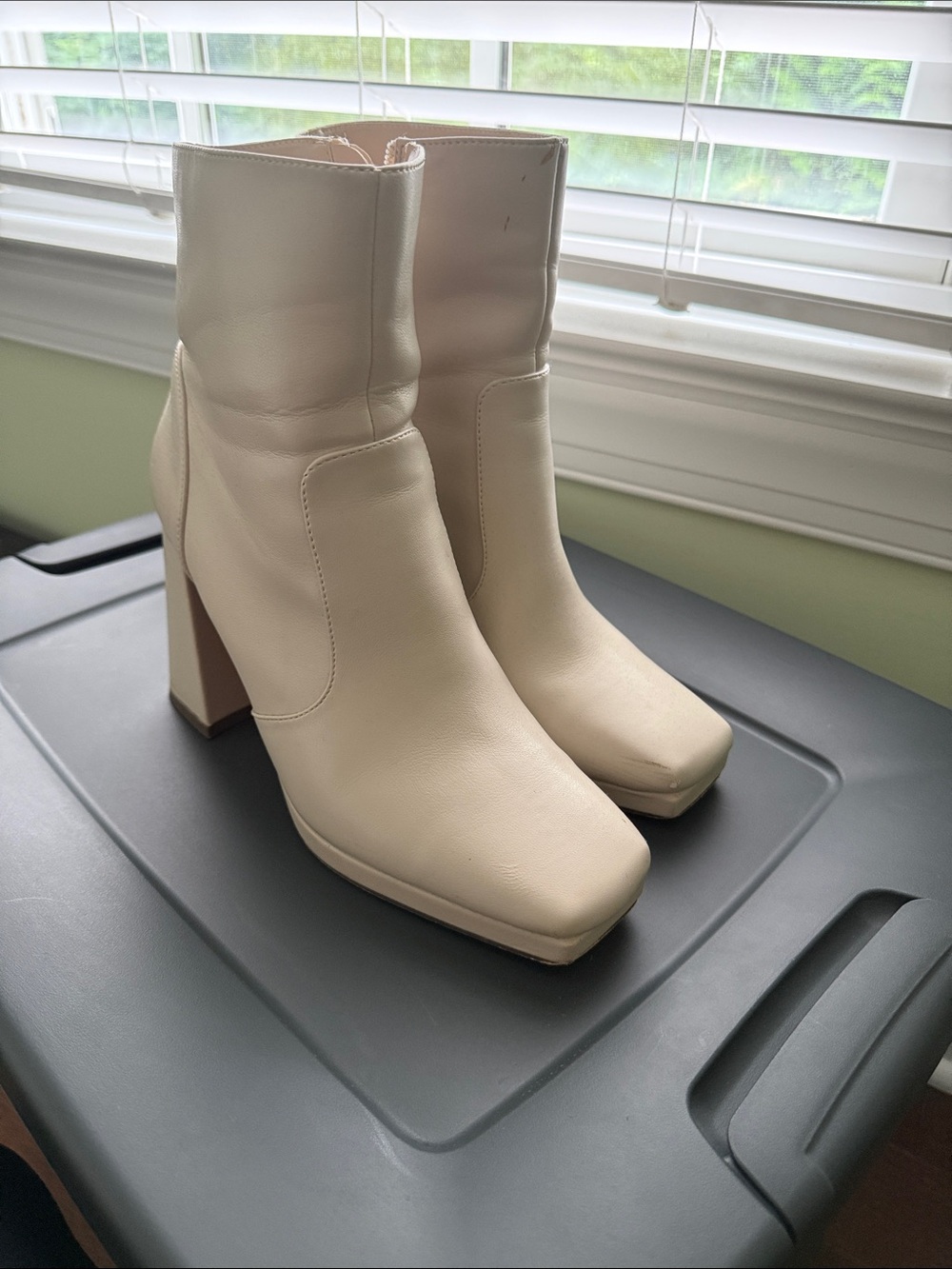 Lulu's Cream Square-Toe Block Heel Ankle Booties